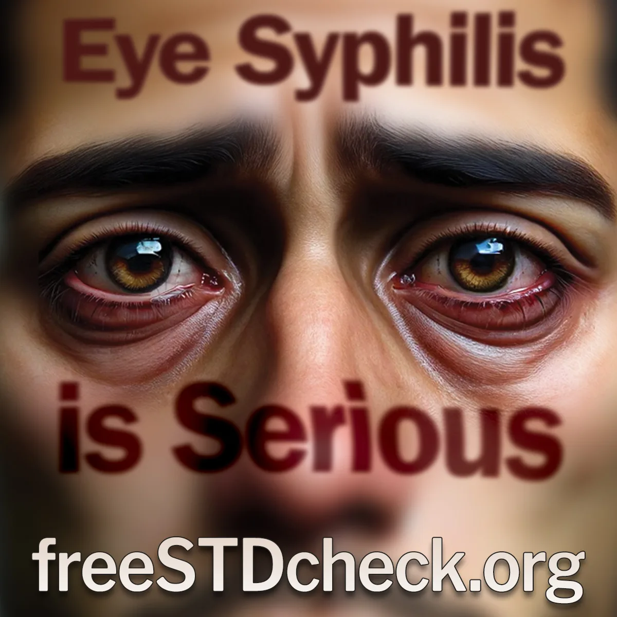Symptoms of eye syphilis with the text "Eye Syphilis is Serious freeSTDcheck.org"
